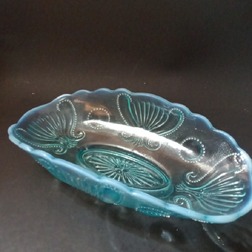Vintage Antique Jefferson Glass Fan And Jewel Trinket Dish Blue Made 1903 Usa